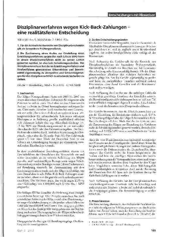 Vorschauseite 1: Disziplinarverfahren wegen Kick-Back-Zahlungen -eine realitätsferne Entscheidung