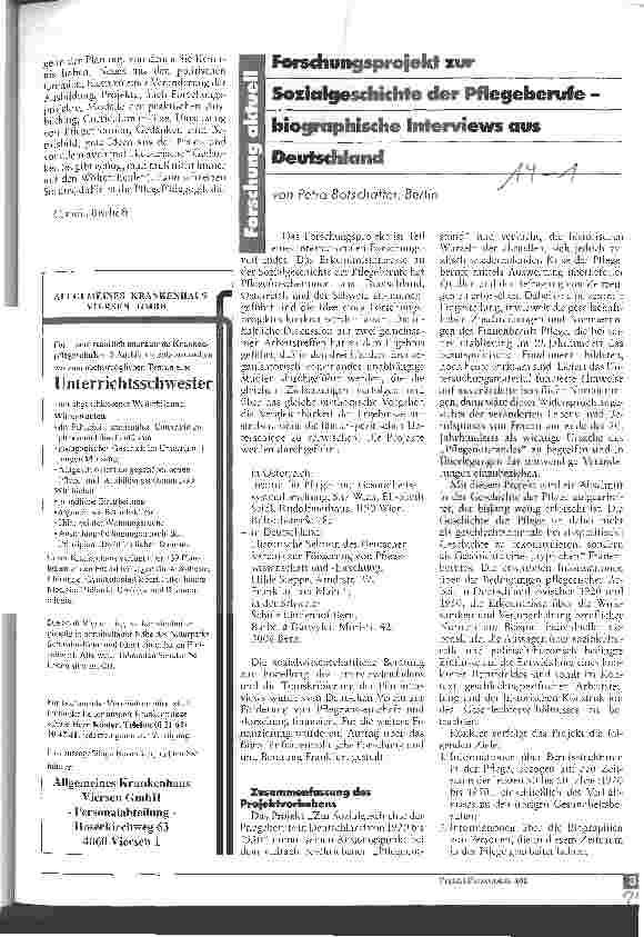 Vorschauseite 1: Forschungsprojekt zur Sozialgeschichte der Pflegeberufe - biographische Interviews aus Deutschland