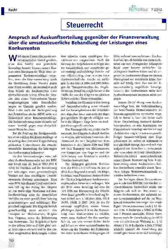 Vorschauseite 1: Anspruch auf Auskunftserteilung gegenüber der Finanzverwaltung über die umsatzsteuerliche Behandlung der Leistungen eines Konkurrenten