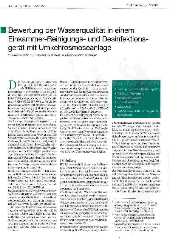 Vorschauseite 1: Bewertung der Wasserqualität in einem Einkammer-Reinigungsund Desinfektionsgerät mit Umkehrosmoseanlage