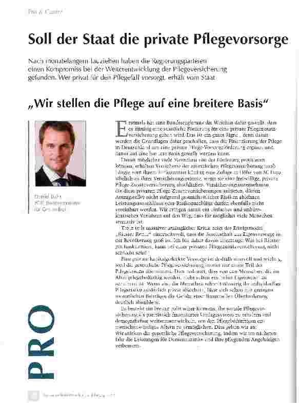 Vorschauseite 1: Pro & ContraSoll der Staat die private Pflegevorsorge mit fünf Euro im Monat unterstützen?