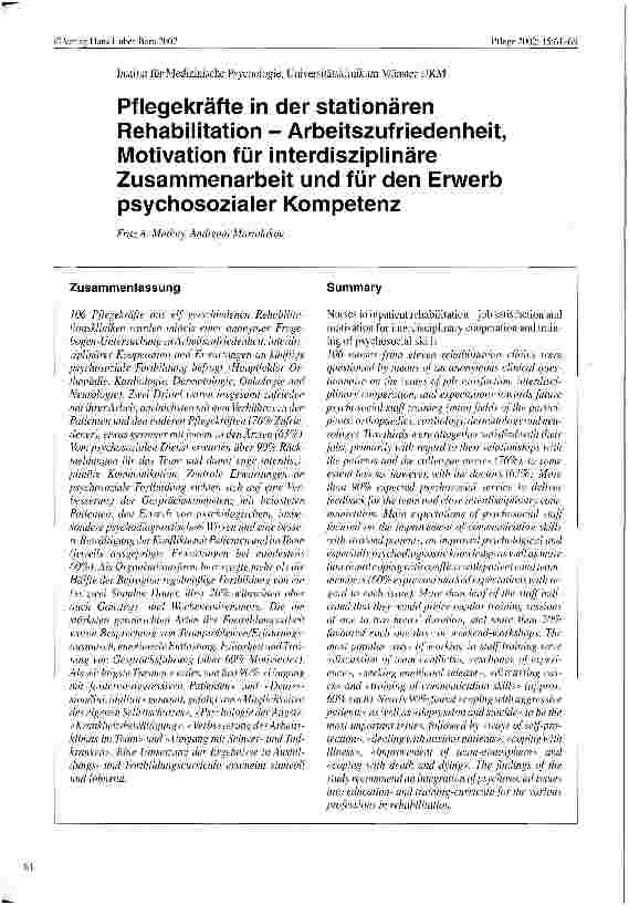 Vorschauseite 1: Pflegekräfte in der stationären Rehabilitation Arbeitszufriedenheit, Motivation für interdisziplinäre Zusammenarbeit und für den Erwerb psychosozialer Kompetenz