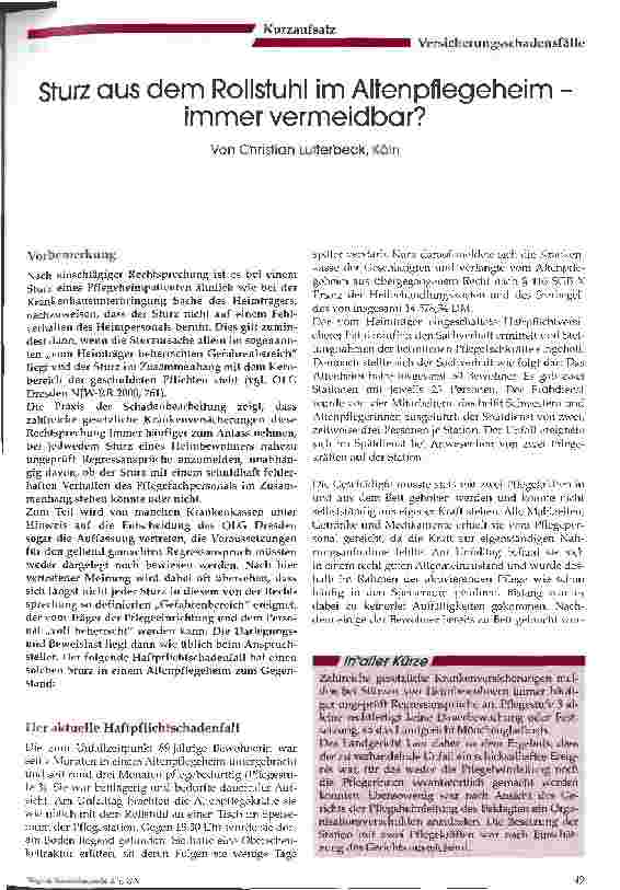 Vorschauseite 1: Sturz aus dem Rollstuhl im Altenpflegeheim - immer vermeidbar?