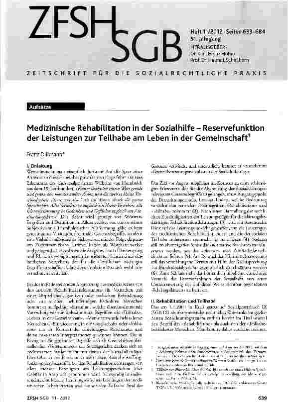 Vorschauseite 1: Medizinische Rehabilitation in der Sozialhilfe - Reservefunktion der Leistungen zur Teilhabe am Leben in der Gemeinschaft