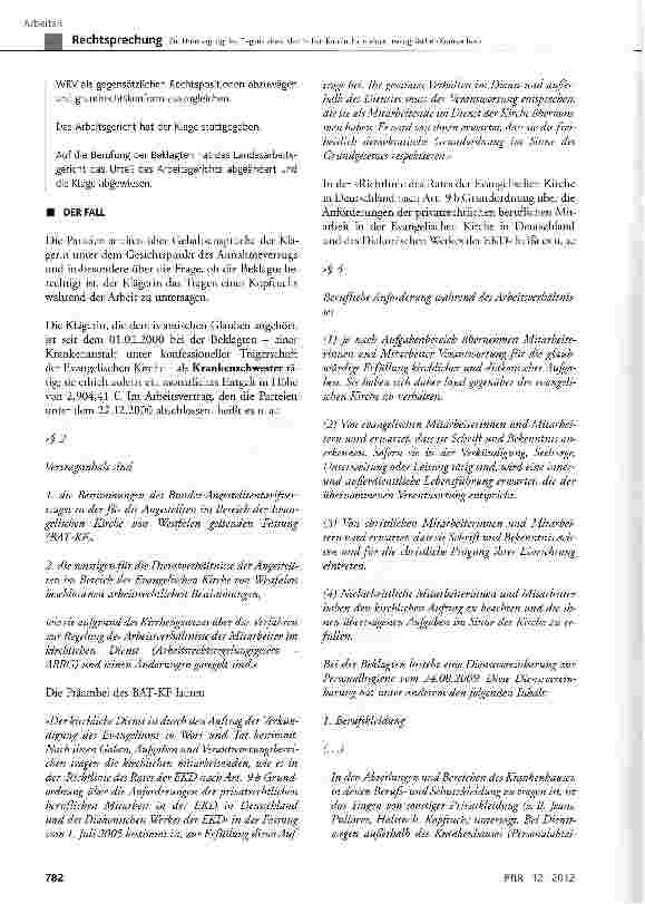 Vorschauseite 2: Zur Untersagung des Tragens eines islamischen Kopftuchs in einem evangelischen Krankenhaus BGB§ 241 Abs. 2, § 615 Satz 1;GewO§ 106 Satz 1;AGG§ 7 Abs. 1 Satz 1§ 3 Abs. 1 und Abs. 2…