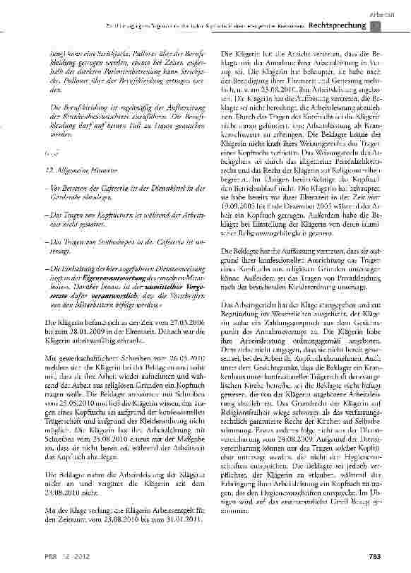 Vorschauseite 3: Zur Untersagung des Tragens eines islamischen Kopftuchs in einem evangelischen Krankenhaus BGB§ 241 Abs. 2, § 615 Satz 1;GewO§ 106 Satz 1;AGG§ 7 Abs. 1 Satz 1§ 3 Abs. 1 und Abs. 2…
