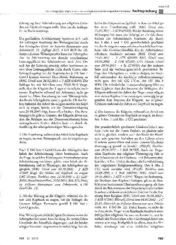 Vorschauseite 5: Zur Untersagung des Tragens eines islamischen Kopftuchs in einem evangelischen Krankenhaus BGB§ 241 Abs. 2, § 615 Satz 1;GewO§ 106 Satz 1;AGG§ 7 Abs. 1 Satz 1§ 3 Abs. 1 und Abs. 2…