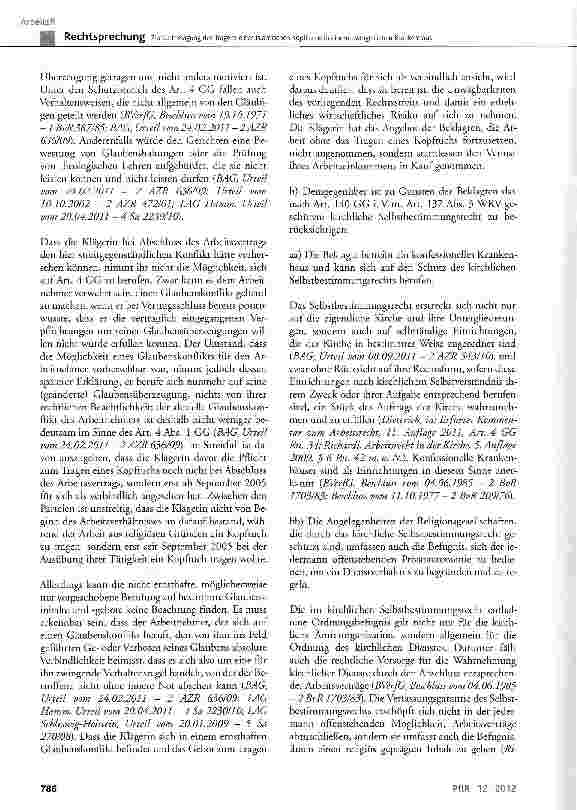 Vorschauseite 6: Zur Untersagung des Tragens eines islamischen Kopftuchs in einem evangelischen Krankenhaus BGB§ 241 Abs. 2, § 615 Satz 1;GewO§ 106 Satz 1;AGG§ 7 Abs. 1 Satz 1§ 3 Abs. 1 und Abs. 2…