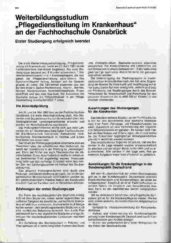 Vorschauseite 1: Weiterbildungsstudium „Pflegedienstleitung im Krankenhaus an der Fachhochschule Osnabrück