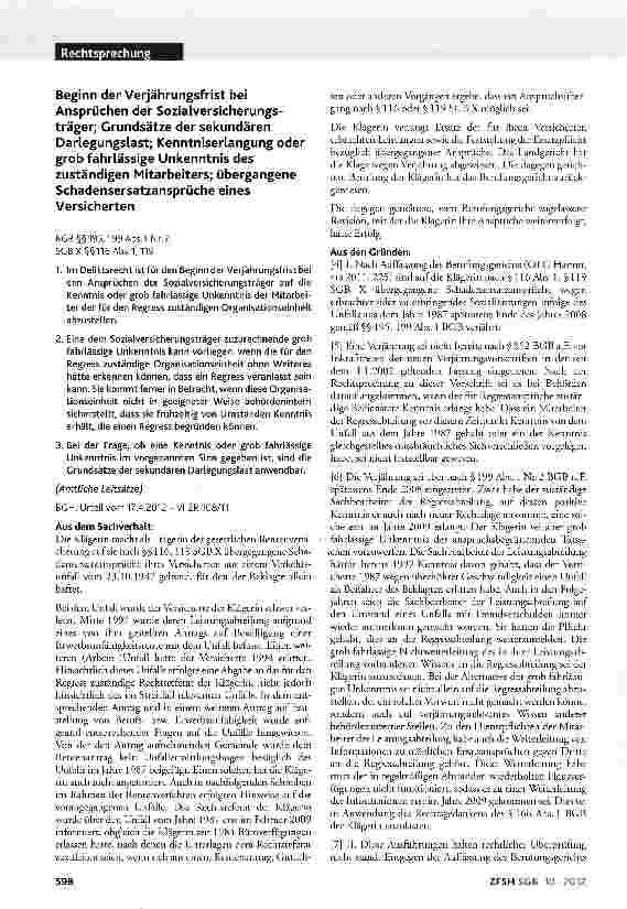 Vorschauseite 1: Beginn der Verjährungsfrist bei Ansprüchen der Sozialversicherungsträger; Grundsätze der sekundären Darlegungslast; Kenntniserlangung oder grob fahrlässige Unkenntnis des zuständi…
