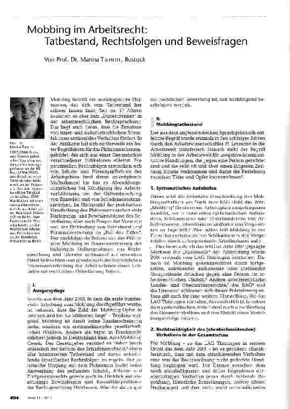 Vorschauseite 1: Mobbing im Arbeitsrecht: Tatbestand, Rechtsfolgen und Beweisfragen