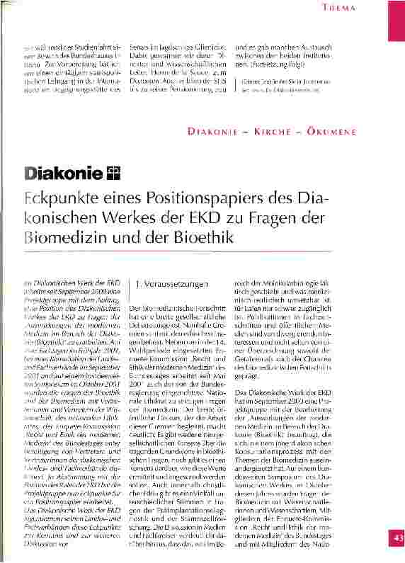 Vorschauseite 1: Eckpunkte eines Positionspapiers des Diakonischen Werkes der EKD zu Fragen der Biomedizin und der Bioethik