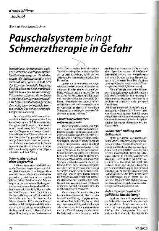 Vorschauseite 1: Pauschalsystem bringt Schmerztherapie in Gefahr Was Anästhesisten befürchten