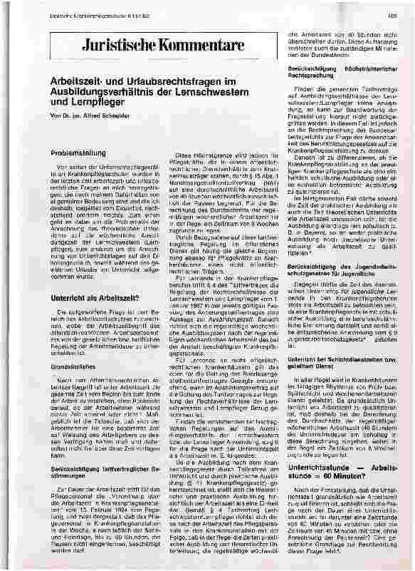 Vorschauseite 1: Arbeitszeit und Urlaubsrechtsfragen im Ausbildungsverhältnis der Lernschwester und Pflegern