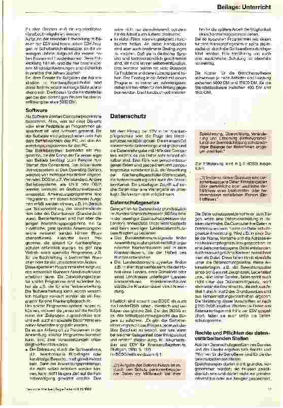 Vorschauseite 3: Computer in Krankenund Kinderkrankenpflegeschulen Systemvoraussetzungen und Datenschutz beim Einsatz von EDV
