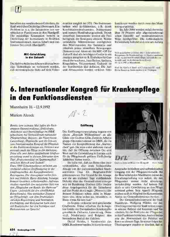 Vorschauseite 1: 6. Internationaler Kongreß für Krankenpflege in den Funktionsdiensten Mannheim 10.-12.9.1992