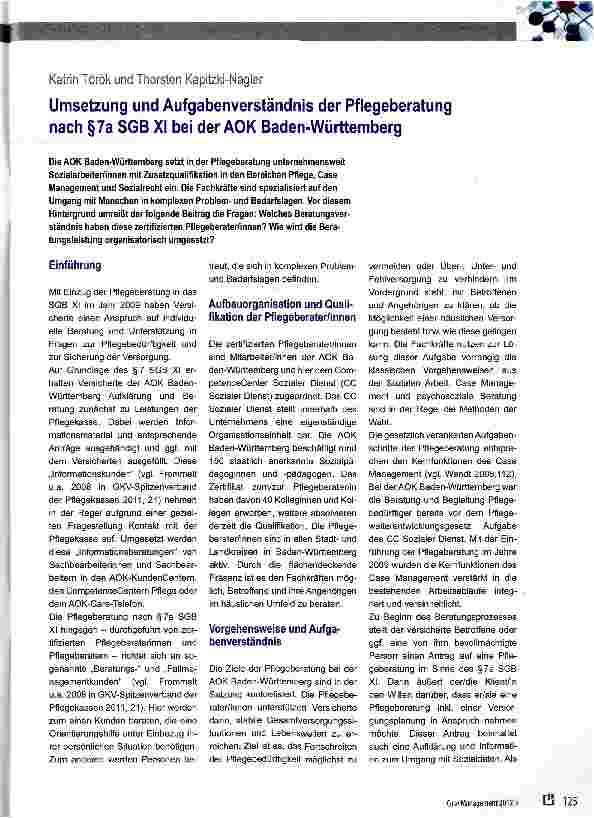 Vorschauseite 1: Umsetzung und Aufgabenverständnis der Pflegeberatung nach §7a SGB XI bei der AOK Baden-Württemberg