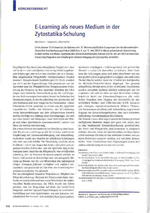Vorschauseite 1: E-Learning als neues Medium in der Zytostatika-Schulung