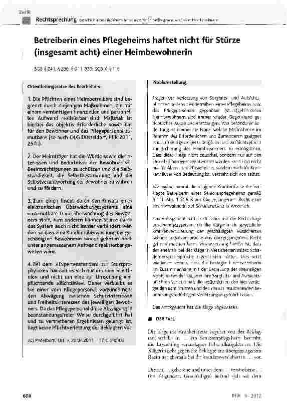 Vorschauseite 1: Betreiberin eines Pflegeheims haftet nicht für Stürze (insgesamt acht) einer Heimbewohnerin BGB §241, §280, §611, 823; SGB X § 116