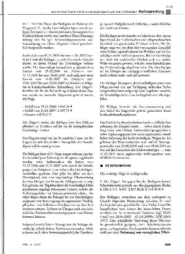 Vorschauseite 2: Betreiberin eines Pflegeheims haftet nicht für Stürze (insgesamt acht) einer Heimbewohnerin BGB §241, §280, §611, 823; SGB X § 116
