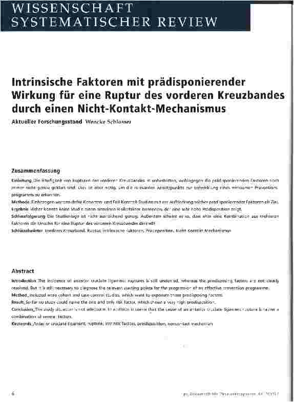 Vorschauseite 1: Intrinsische Faktoren mit prädisponierender Wirkung für eine Ruptur des vorderen Kreuzbandes durch einen Nicht-Kontakt-Mechanismus