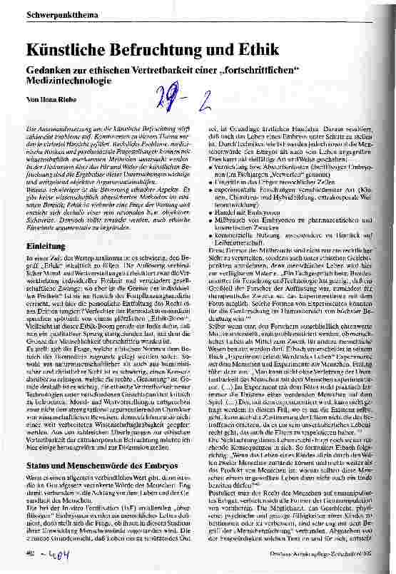 Vorschauseite 1: Künstliche Befruchtung und Ethik