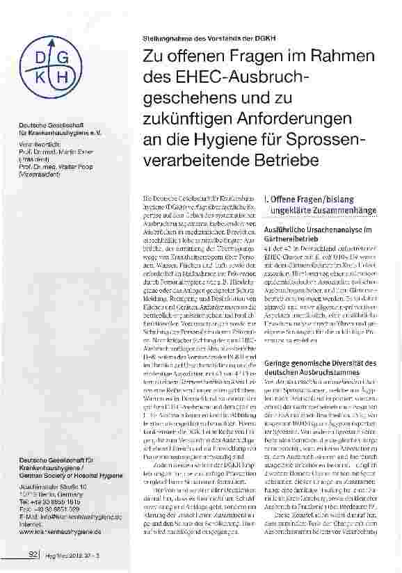 Vorschauseite 1: Zu offenen Fragen im Rahmen des EHEC-Ausbruch-geschehens und zu zukünftigen Anforderungen an die Hygiene für Sprossenverarbeitende Betriebe