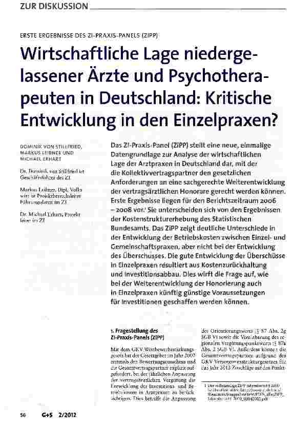 Vorschauseite 1: Wirtschaftliche Lage niedergelassener Ärzte und Psychotherapeuten in Deutschland: Kritische Entwicklung in den Einzelpraxen?