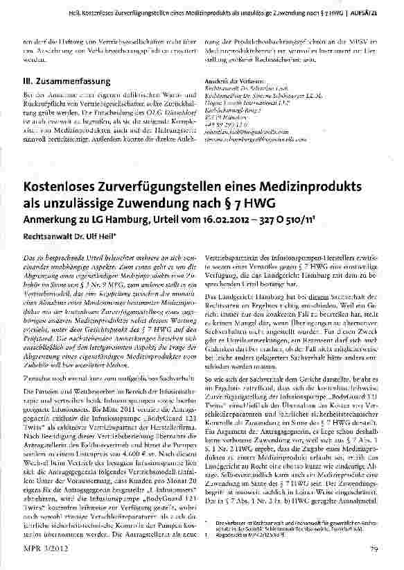 Vorschauseite 1: Kostenloses Zurverfügungstellen eines Medizinprodukts als unzulässige Zuwendung nach § 7 HWG