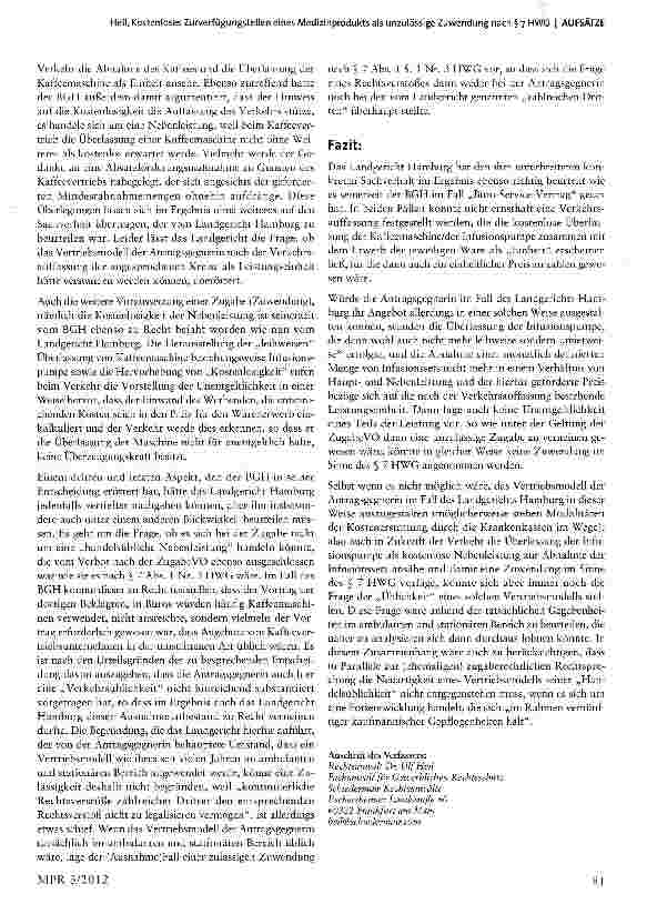 Vorschauseite 3: Kostenloses Zurverfügungstellen eines Medizinprodukts als unzulässige Zuwendung nach § 7 HWG