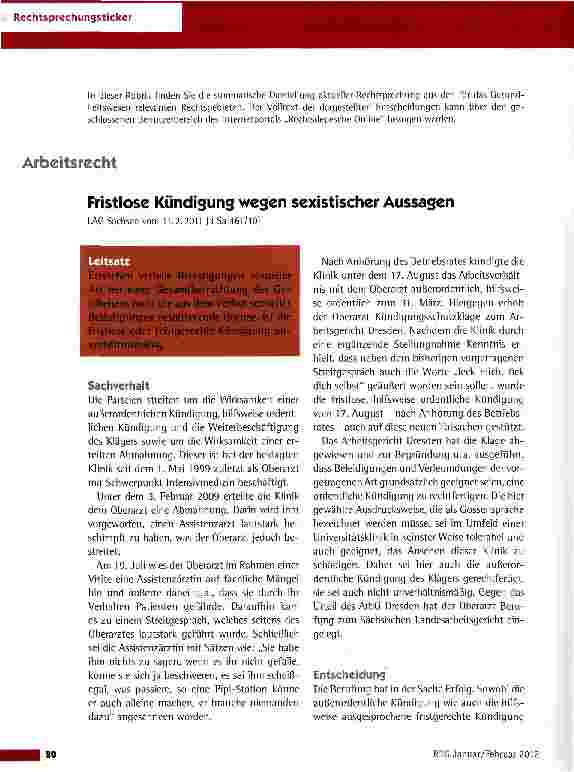 Vorschauseite 1: Fristlose Kündigung wegen sexistischer Aussagen LAG Sachsen vom 11.2.2011 (3 Sa 461/10)