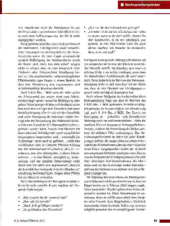 Vorschauseite 2: Fristlose Kündigung wegen sexistischer Aussagen LAG Sachsen vom 11.2.2011 (3 Sa 461/10)
