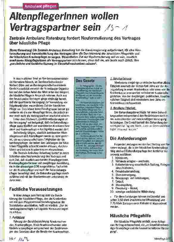 Vorschauseite 1: AltenpflegerInnen wollen Vertragspartner sein Zentrale Ambulanz Rotenburg fordert Neuformulierung des Vertrages