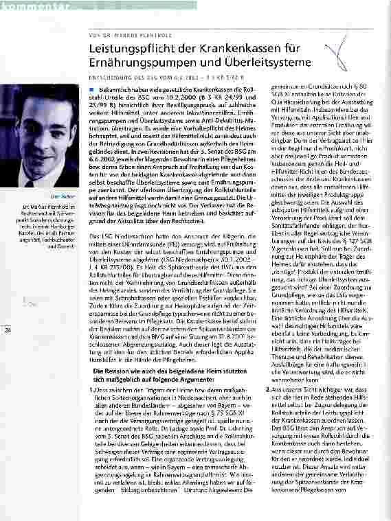 Vorschauseite 1: Leistungspflicht der Krankenkassen für Ernährungspumpen und Überleitsysteme Entscheidung des BSG vom 6.6.2002