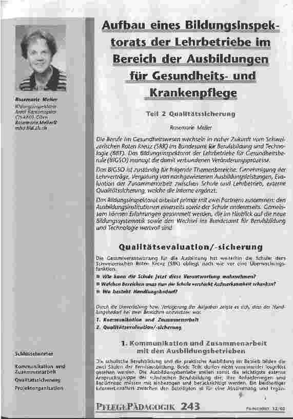 Vorschauseite 1: Aufbau eines Bildungsinspektorats der Lehrbetriebe im Bereich der Ausbildungen für Gesundheitsund Krankenpflege Teil 2: Qualitätssicherung