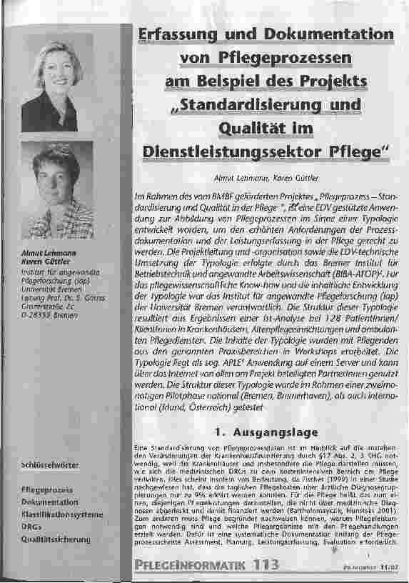 Vorschauseite 1: Erfassung und Dokumentation von Pflegeprozessen am Beispiel des Projekts Standardisierung und Qualität im Dienstleistungssektor Pflege