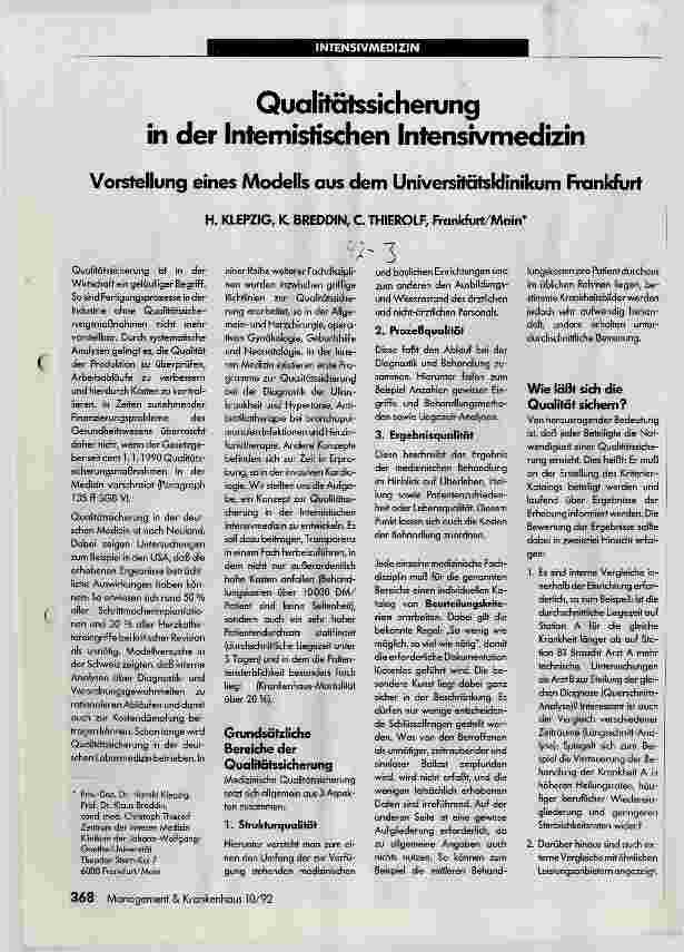Vorschauseite 1: Qualitätssicherung in der Internistischen Intensivmedizin Vorstellung eines Modells aus dem Universitätsklinikum Frankfurt
