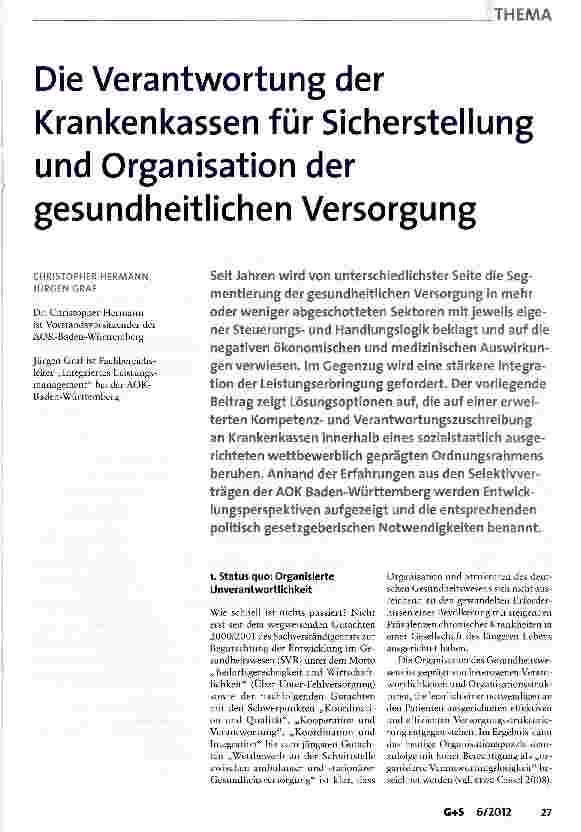 Vorschauseite 1: Die Verantwortung der Krankenkassen für Sicherstellung und Organisation der gesundheitlichen Versorgung