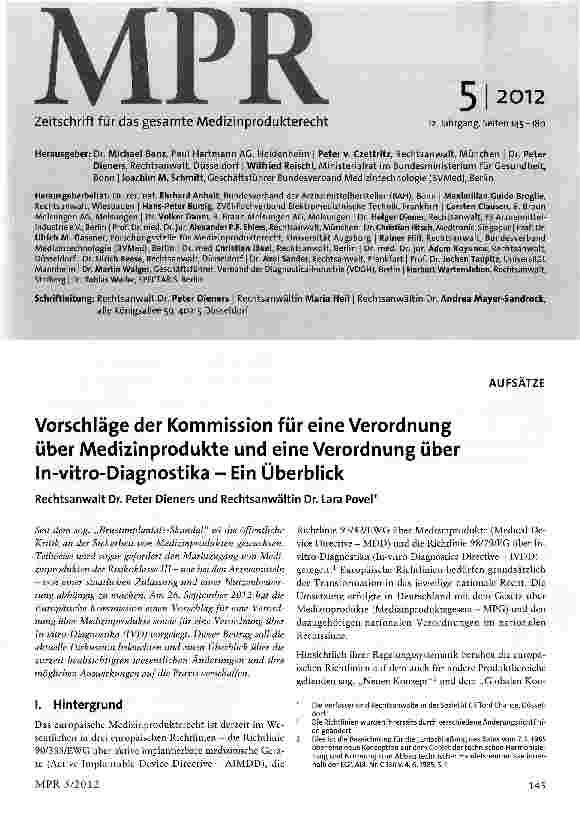 Vorschauseite 1: Vorschläge der Kommission für eine Verordnung über Medizinprodukte und eine Verordnung über In-vitro-Diagnostika - Ein Überblick
