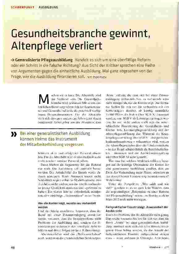 Vorschauseite 1: Gesundheitsbranche gewinnt, Altenpflege verliert