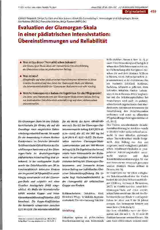 Vorschauseite 1: Evaluation der Glamorgan-Skala in einer pädiatrischen Intensivstation: Übereinstimmungen und Reliabilität