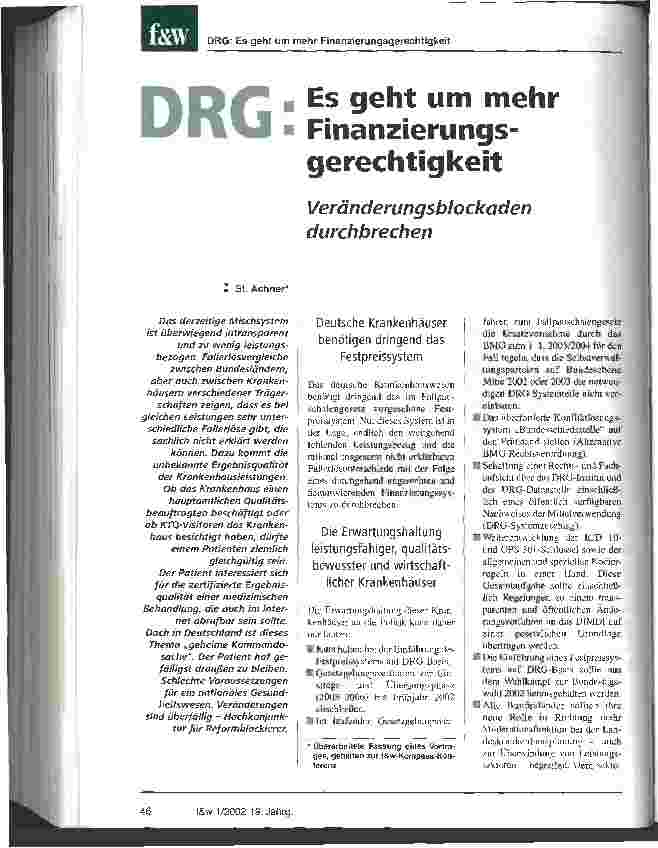 Vorschauseite 1: DRG: Es geht um mehr Finanzierungsgerechtigkeit Veränderungsblockaden durchbrechen