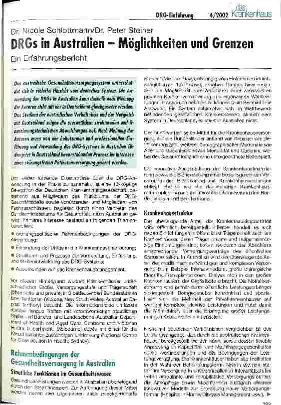Vorschauseite 1: DRGs in Australien - Möglichkeiten und Grenzen Ein Erfahrungsbericht