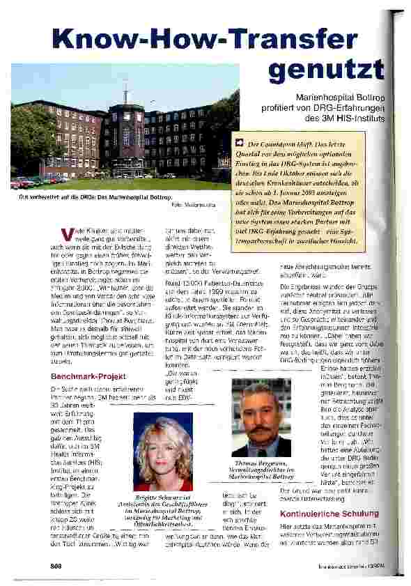 Vorschauseite 1: Know-How-Transfer genutzt Marienhospital Bottrop profitiert von DRG-Erfahrungen des 3M HIS-Instituts