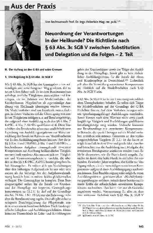 Vorschauseite 1: Neuordnung der Verantwortungen in der Heilkunde? Die Richtlinie nach § 63 Abs. 3c SGB V zwischen Substitution und Delegation und die Folgen - 2. Teil