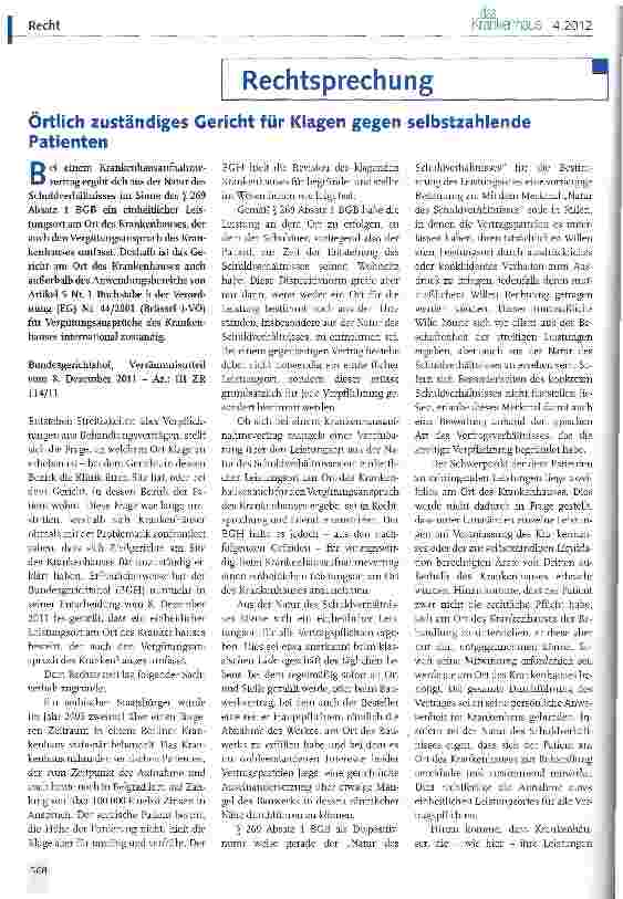 Vorschauseite 1: Örtlich zuständiges Gericht für Klagen gegen selbstzahlende Patienten