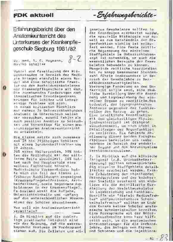 Vorschauseite 1: Erfahrungsbericht über den Anatomieunterricht des Unterkurses der Krankenpflegeschule Siegburg 1981/82