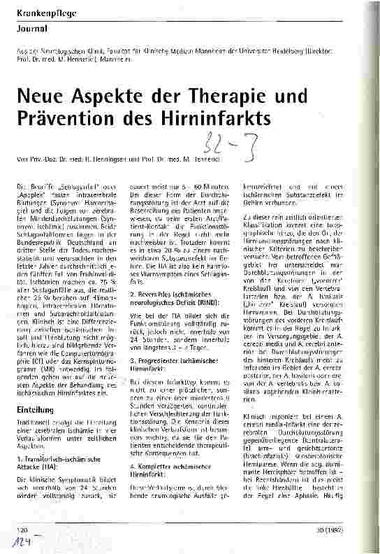 Vorschauseite 1: Neue Aspekte der Therapie und Prävention des Hirninfarkts