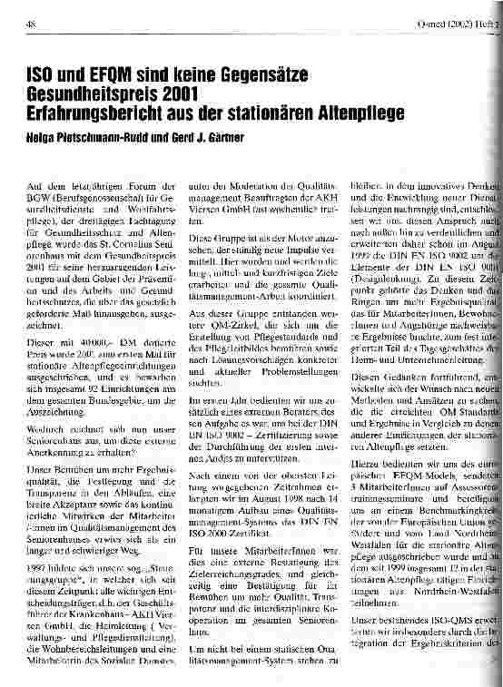 Vorschauseite 1: ISO und EFQM sind keine Gegensätze Gesundheitspreis 2001 - Erfahrungsbericht aus der stationären Altenpflege