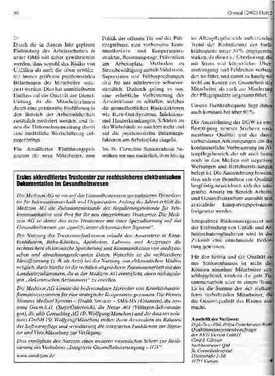 Vorschauseite 3: ISO und EFQM sind keine Gegensätze Gesundheitspreis 2001 - Erfahrungsbericht aus der stationären Altenpflege